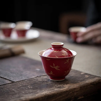 Elegant Chinese Gongfu Gaiwan Ceramic Red Tea Tureen Pigmented Porcelain Tea Bowl Cups High End Teaware Set Teacups