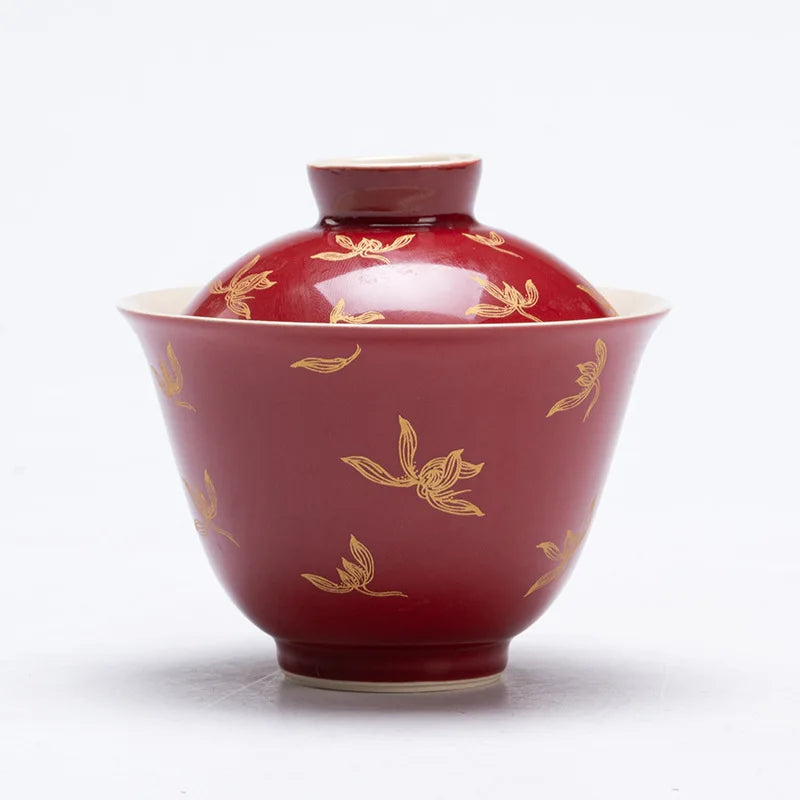 Elegant Chinese Gongfu Gaiwan Ceramic Red Tea Tureen Pigmented Porcelain Tea Bowl Cups High End Teaware Set Teacups