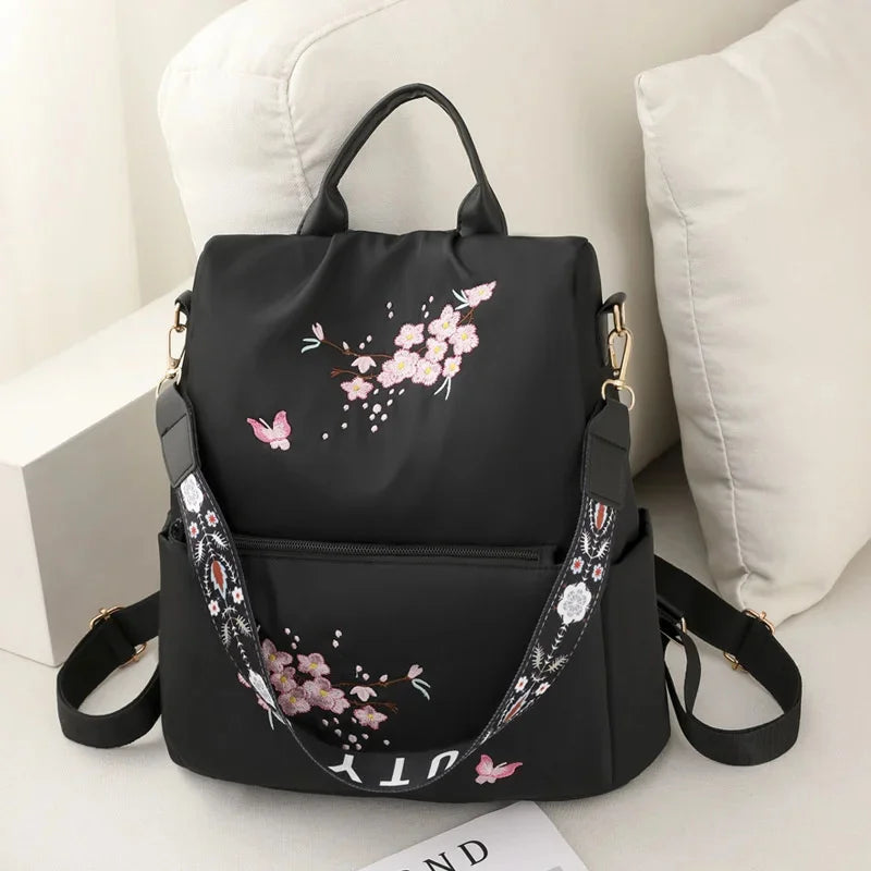 Elegant Embroidered Women's Backpack Vintage Anti-Theft Female Travel Large Capacity Student School Bag For Girls