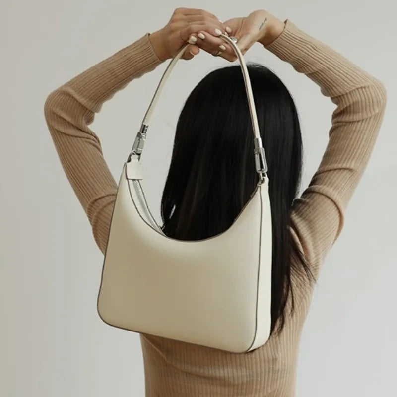 Elegant Fashion Cowhide Tote Bag Underarm Bag Y2k Simple All-match Shoulder Bags 2024 Autumn New Zipper Women's Handbags Clutch