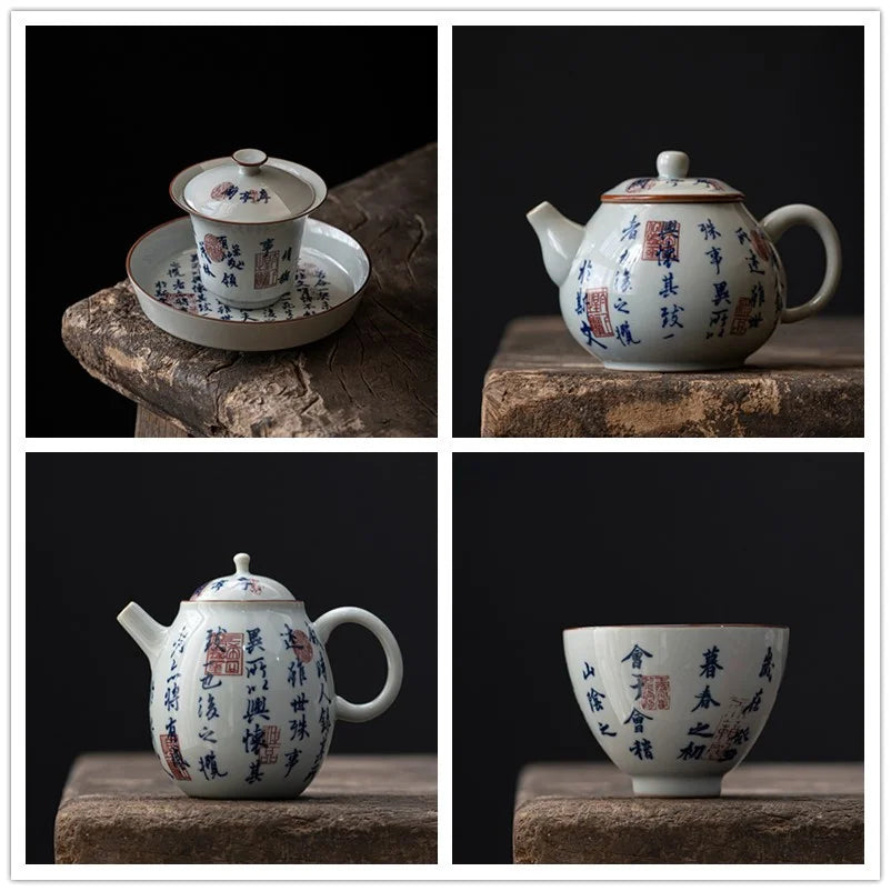Elegant Porcelain Gaiwan Tea Set with Lid Chinese Lanting Xu Ceramic Tea Pot Tea Tureen Gongfu Sancai Tea Bowl Tea Cup Set