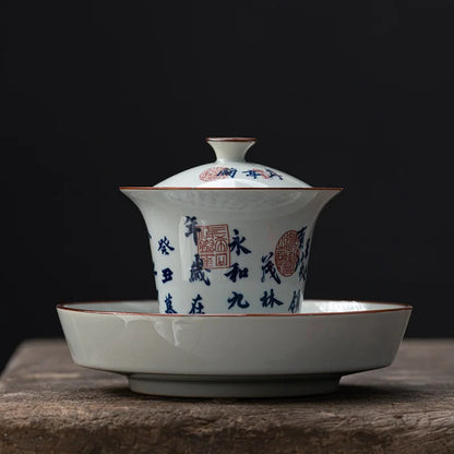 Elegant Porcelain Gaiwan Tea Set with Lid Chinese Lanting Xu Ceramic Tea Pot Tea Tureen Gongfu Sancai Tea Bowl Tea Cup Set