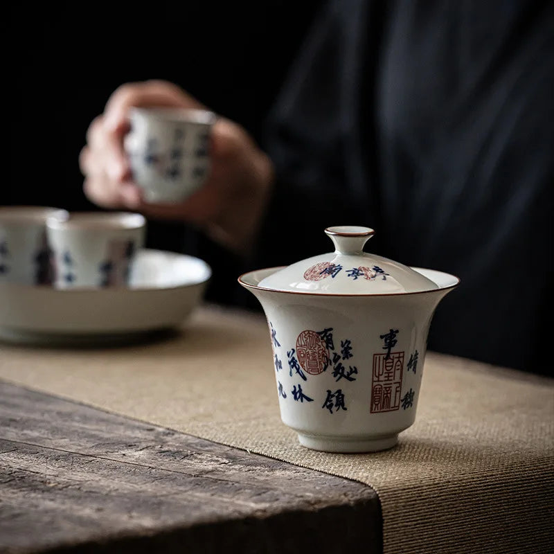 Elegant Porcelain Gaiwan Tea Set with Lid Chinese Lanting Xu Ceramic Tea Pot Tea Tureen Gongfu Sancai Tea Bowl Tea Cup Set