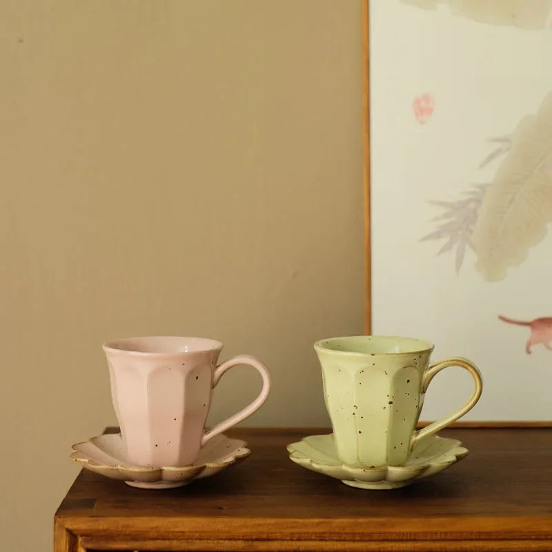 Elegant Ru Ware Glazed Ceramic Coffee Mug with Petal Holder - Pink/Yellow