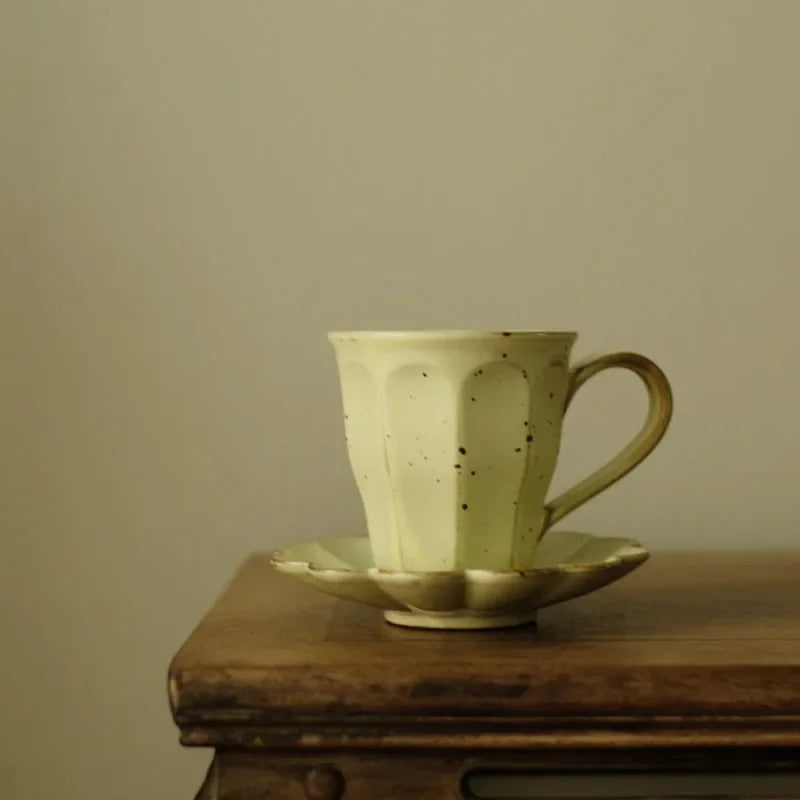Elegant Ru Ware Glazed Ceramic Coffee Mug with Petal Holder - Pink/Yellow