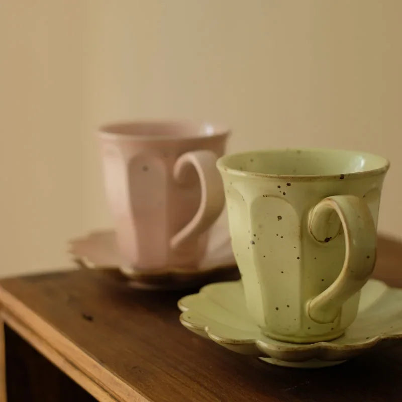 Elegant Ru Ware Glazed Ceramic Coffee Mug with Petal Holder - Pink/Yellow