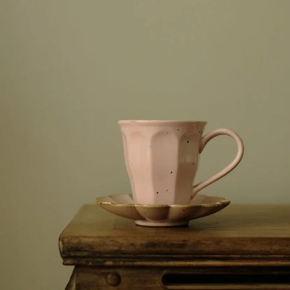 Elegant Ru Ware Glazed Ceramic Coffee Mug with Petal Holder - Pink/Yellow
