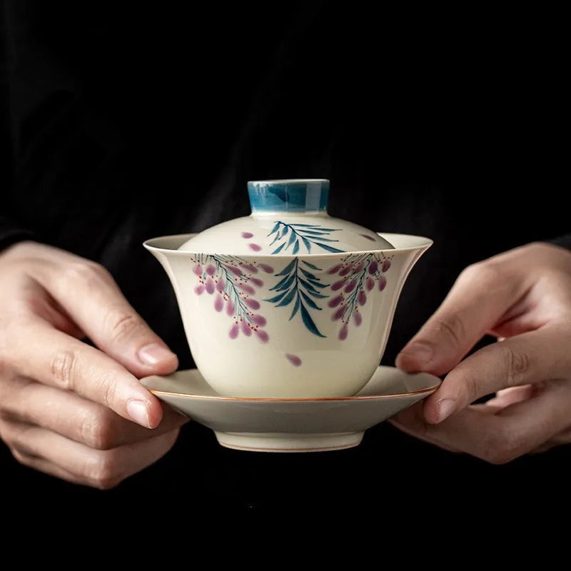 Elegant Sancai Gaiwan for Tea Chinese Handmade Teaware Ceramic Gongfu Tea Cups Home Decor Porcelain Tea Tureen Set