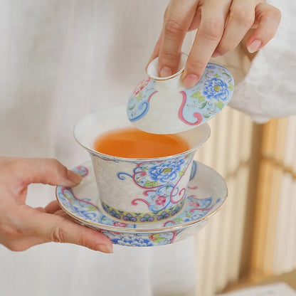 Elegant Sancai Tea Tureen Ceramic Teaware Gaiwan Set Chinese Kung Fu Tea Bowl Cups Handmade Porcelain Color Enamel Teacups