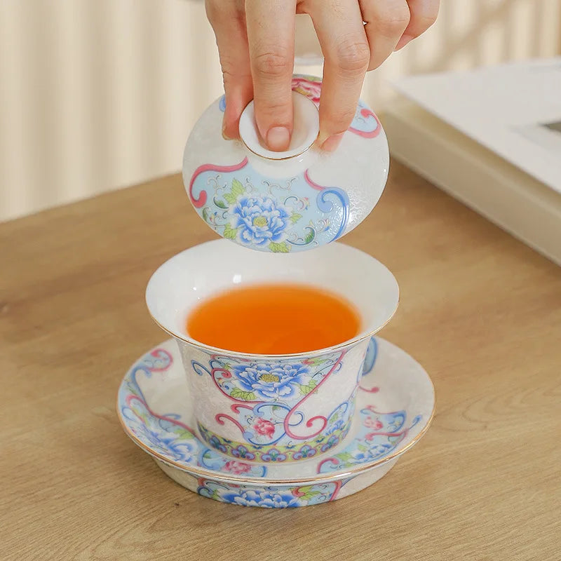 Elegant Sancai Tea Tureen Ceramic Teaware Gaiwan Set Chinese Kung Fu Tea Bowl Cups Handmade Porcelain Color Enamel Teacups