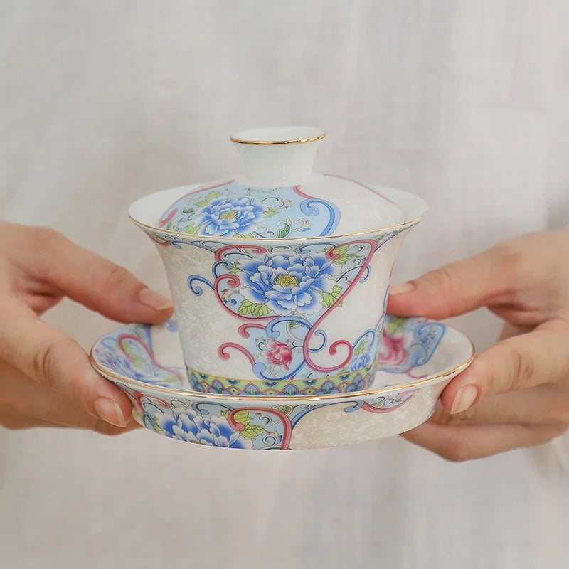 Elegant Sancai Tea Tureen Ceramic Teaware Gaiwan Set Chinese Kung Fu Tea Bowl Cups Handmade Porcelain Color Enamel Teacups