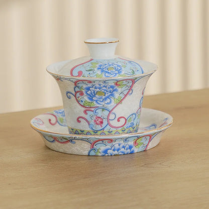 Elegant Sancai Tea Tureen Ceramic Teaware Gaiwan Set Chinese Kung Fu Tea Bowl Cups Handmade Porcelain Color Enamel Teacups
