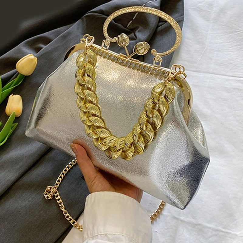Elegant Sparkling Shoulder Bag Clutch Purse Evening Bag Women Prom Handbag With Thick Chain Banquets Party Crossbody Bag