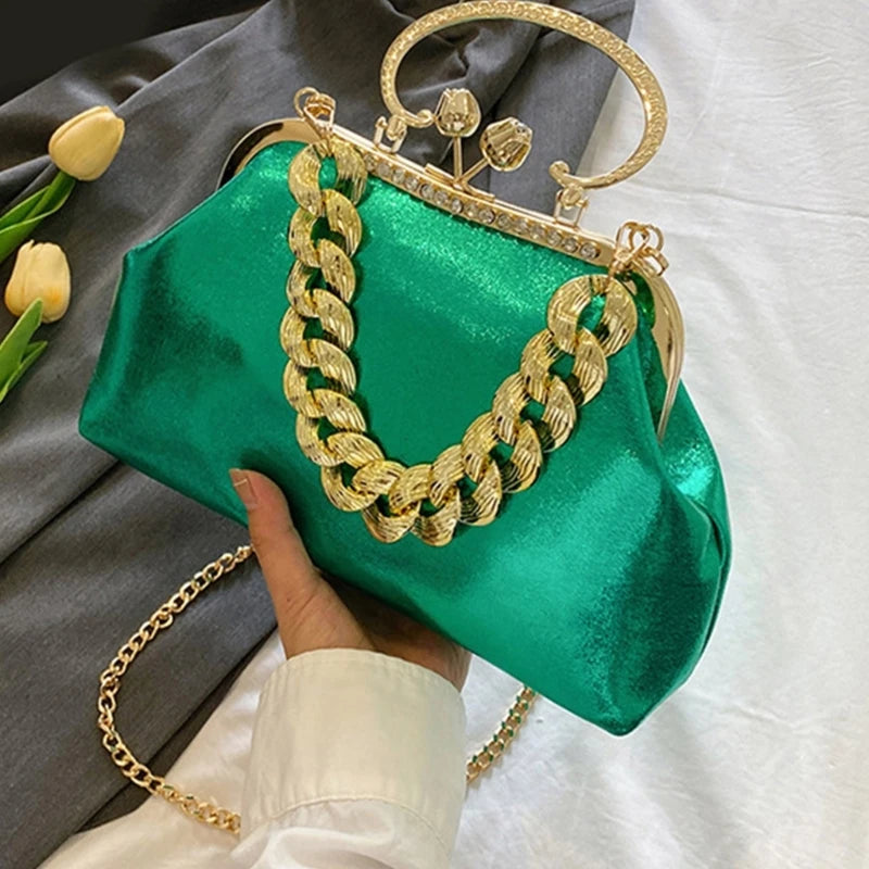 Elegant Sparkling Shoulder Bag Clutch Purse Evening Bag Women Prom Handbag With Thick Chain Banquets Party Crossbody Bag