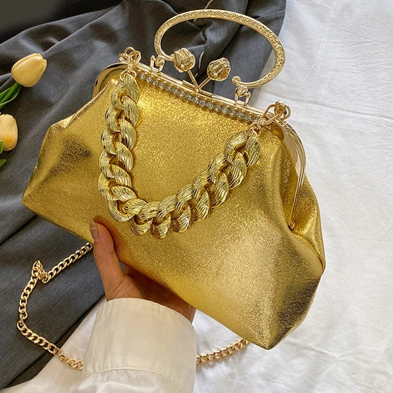 Elegant Sparkling Shoulder Bag Clutch Purse Evening Bag Women Prom Handbag With Thick Chain Banquets Party Crossbody Bag