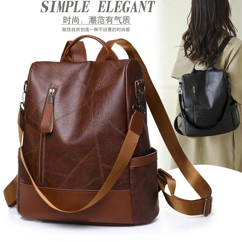 Elegant Vintage Women's Fashiona Leather Travel Backpack Large Capacity Student School Bags Feminina Shoulder Bag