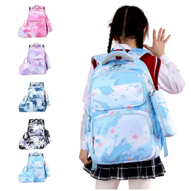 Elementary School Bookbags Three Piece Set with Graffiti Contrasting Color Children's Backpack, Lunch Bag, Pencil Case