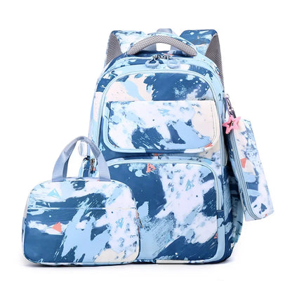 Elementary School Bookbags Three Piece Set with Graffiti Contrasting Color Children's Backpack, Lunch Bag, Pencil Case