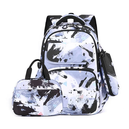 Elementary School Bookbags Three Piece Set with Graffiti Contrasting Color Children's Backpack, Lunch Bag, Pencil Case