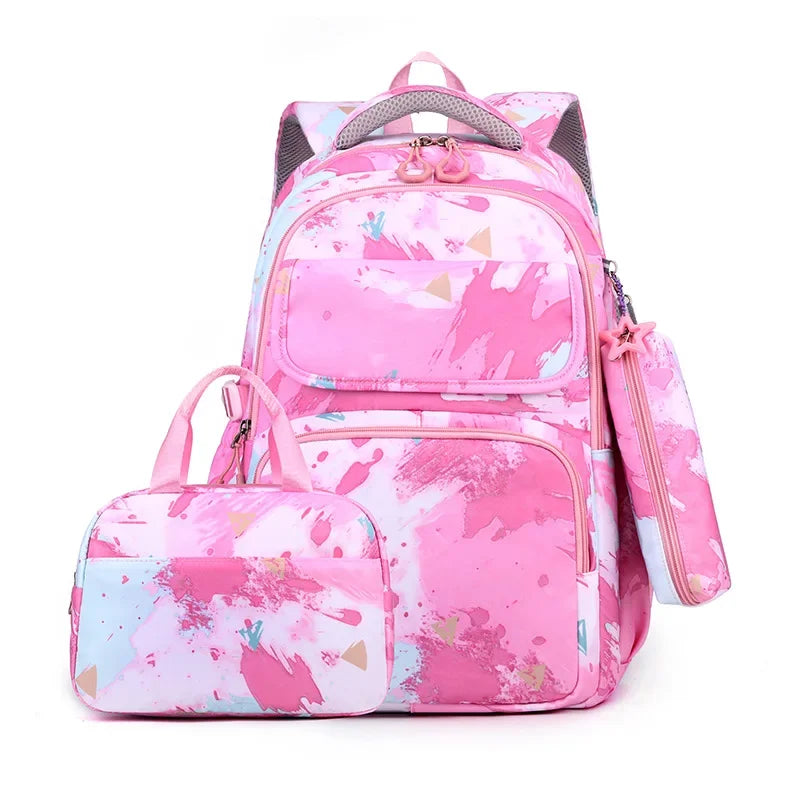 Elementary School Bookbags Three Piece Set with Graffiti Contrasting Color Children's Backpack, Lunch Bag, Pencil Case
