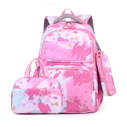 Elementary School Bookbags Three Piece Set with Graffiti Contrasting Color Children's Backpack, Lunch Bag, Pencil Case
