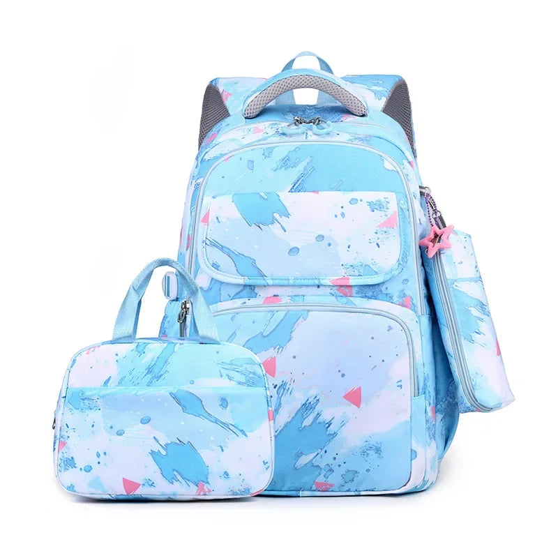 Elementary School Bookbags Three Piece Set with Graffiti Contrasting Color Children's Backpack, Lunch Bag, Pencil Case