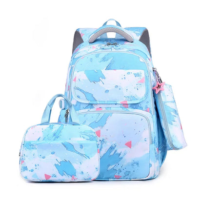 Elementary School Bookbags Three Piece Set with Graffiti Contrasting Color Children's Backpack, Lunch Bag, Pencil Case