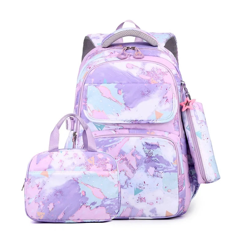 Elementary School Bookbags Three Piece Set with Graffiti Contrasting Color Children's Backpack, Lunch Bag, Pencil Case