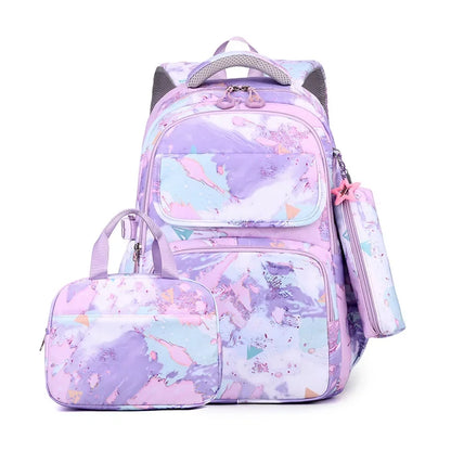 Elementary School Bookbags Three Piece Set with Graffiti Contrasting Color Children's Backpack, Lunch Bag, Pencil Case