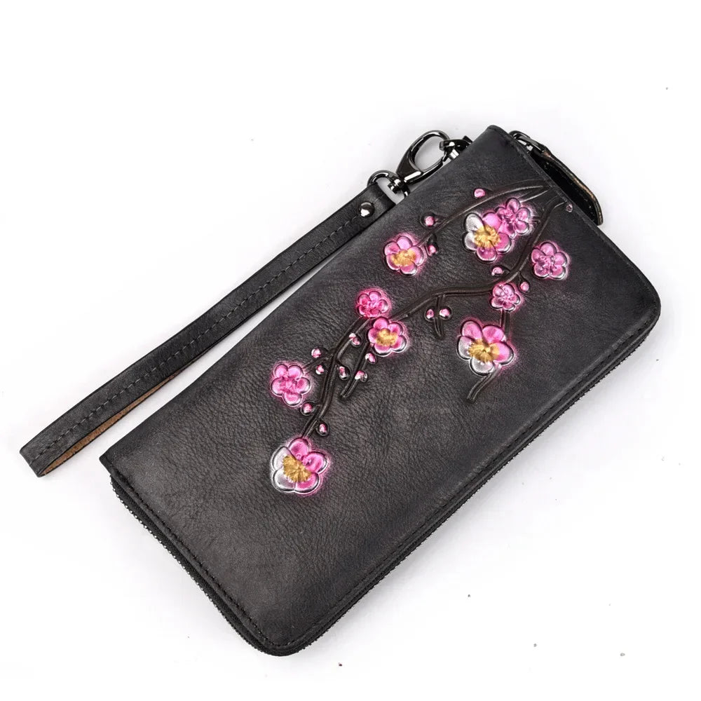Embossed Female Zipper Purse Clutch Wrist Bags Cards Clip Plum Flower Retro Money Handy Bag Genuine Leather Women Long Wallet
