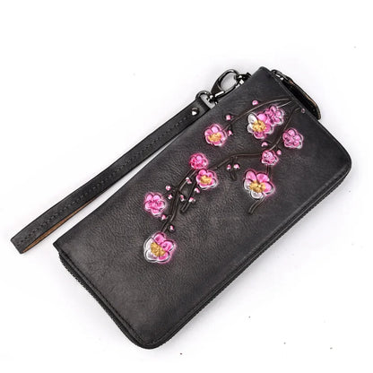 Embossed Female Zipper Purse Clutch Wrist Bags Cards Clip Plum Flower Retro Money Handy Bag Genuine Leather Women Long Wallet