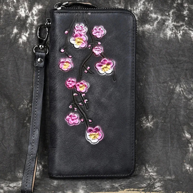 Embossed Female Zipper Purse Clutch Wrist Bags Cards Clip Plum Flower Retro Money Handy Bag Genuine Leather Women Long Wallet