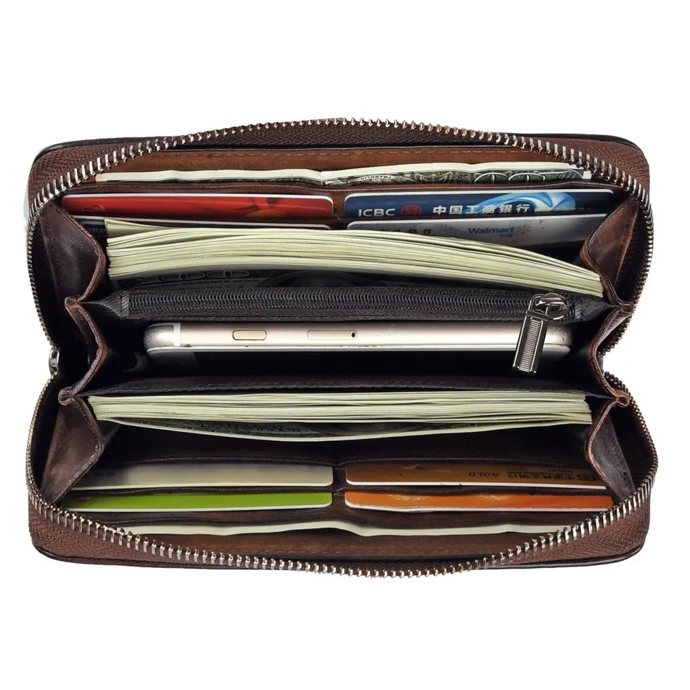 Embossed Female Zipper Purse Clutch Wrist Bags Cards Clip Plum Flower Retro Money Handy Bag Genuine Leather Women Long Wallet