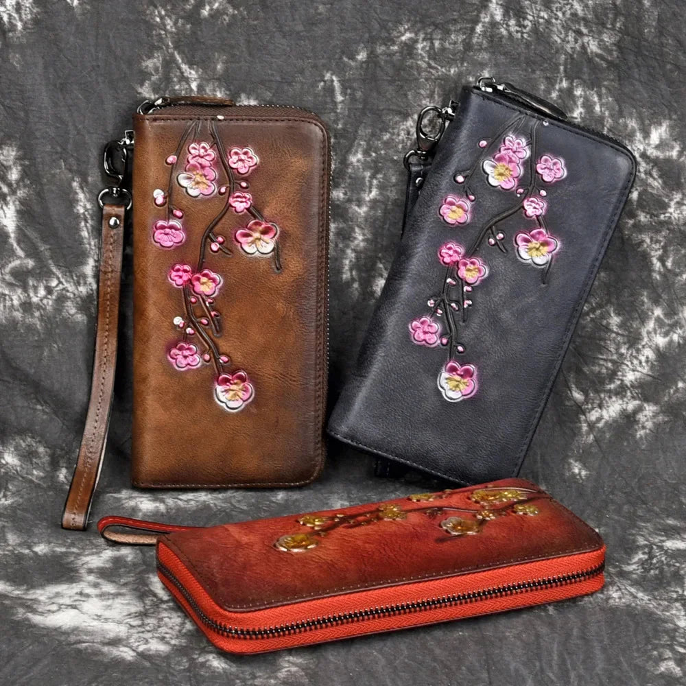 Embossed Female Zipper Purse Clutch Wrist Bags Cards Clip Plum Flower Retro Money Handy Bag Genuine Leather Women Long Wallet