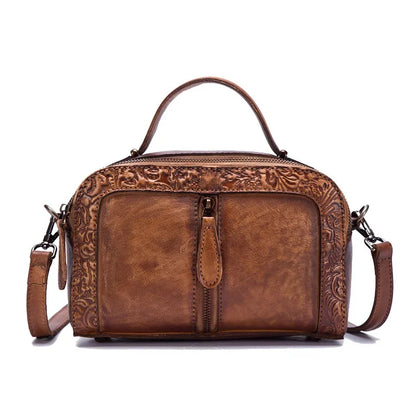 Embossed Shoulder Messenger Crossbody Bag Tote Handbag Retro Vine Brush Color Genuine Leather Women Cowhide Top Handle Bags