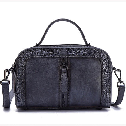 Embossed Shoulder Messenger Crossbody Bag Tote Handbag Retro Vine Brush Color Genuine Leather Women Cowhide Top Handle Bags