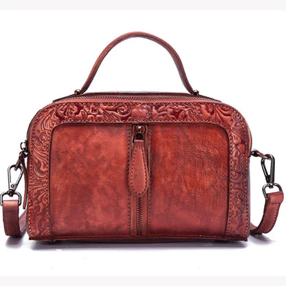 Embossed Shoulder Messenger Crossbody Bag Tote Handbag Retro Vine Brush Color Genuine Leather Women Cowhide Top Handle Bags