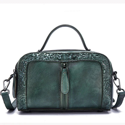 Embossed Shoulder Messenger Crossbody Bag Tote Handbag Retro Vine Brush Color Genuine Leather Women Cowhide Top Handle Bags