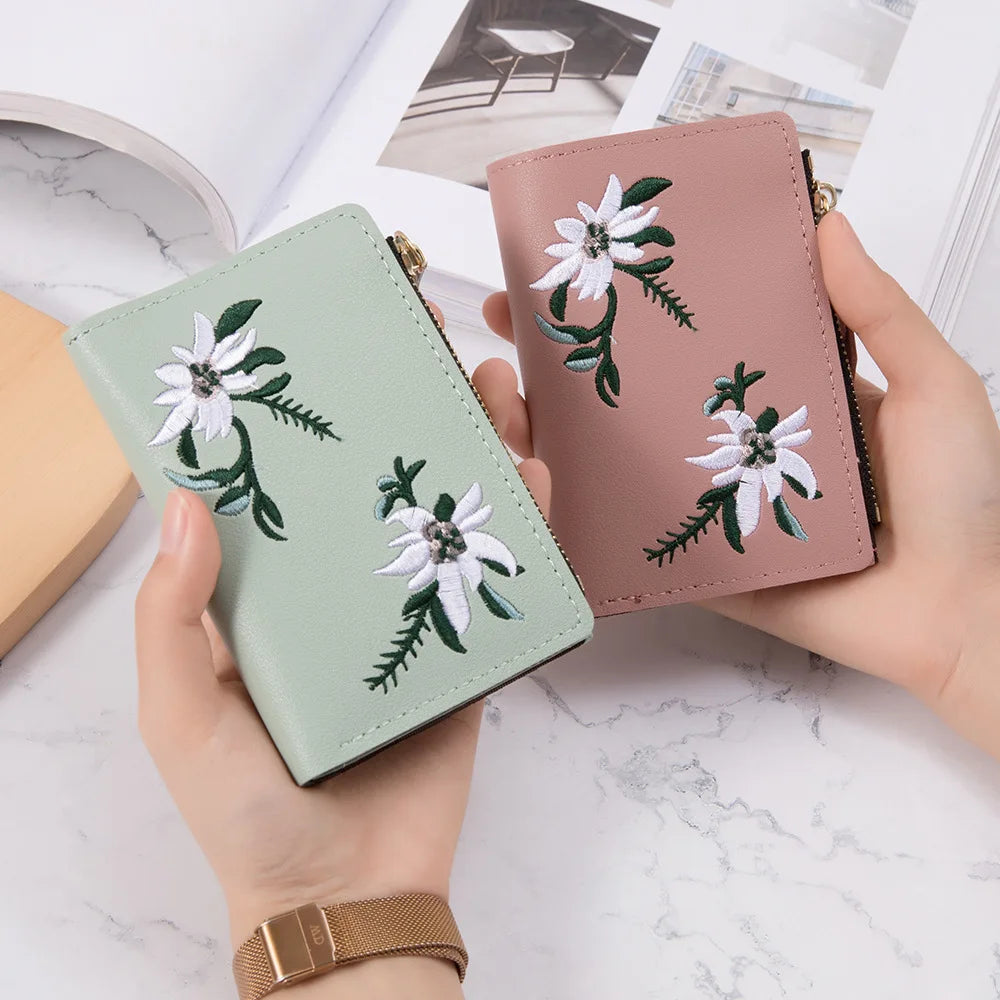 Embroidery Flower Purses for Women Sweet Wallets Cute Students Zipper Money Bag Small Leather Coins Card Holder Designer Ladies