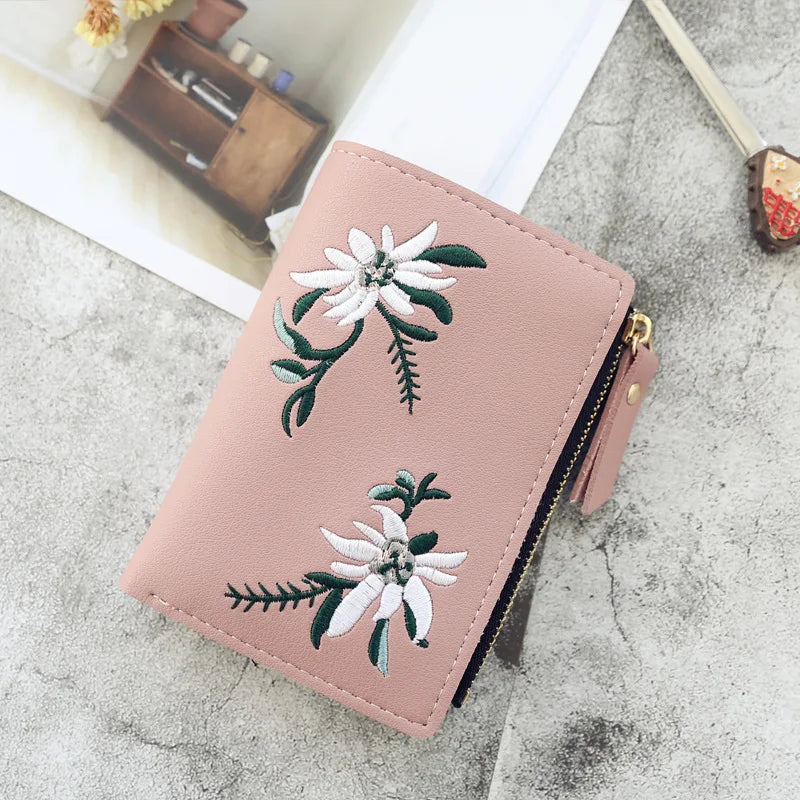 Embroidery Flower Purses for Women Sweet Wallets Cute Students Zipper Money Bag Small Leather Coins Card Holder Designer Ladies