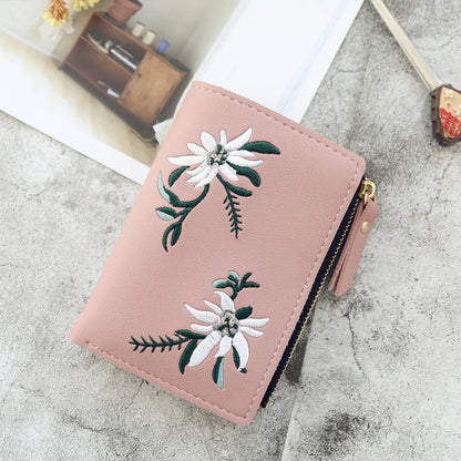 Embroidery Flower Purses for Women Sweet Wallets Cute Students Zipper Money Bag Small Leather Coins Card Holder Designer Ladies