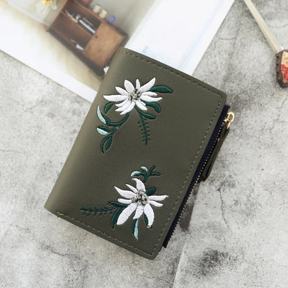 Embroidery Flower Purses for Women Sweet Wallets Cute Students Zipper Money Bag Small Leather Coins Card Holder Designer Ladies