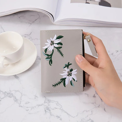 Embroidery Flower Purses for Women Sweet Wallets Cute Students Zipper Money Bag Small Leather Coins Card Holder Designer Ladies