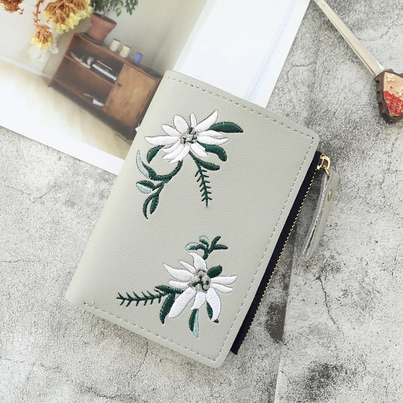 Embroidery Flower Purses for Women Sweet Wallets Cute Students Zipper Money Bag Small Leather Coins Card Holder Designer Ladies