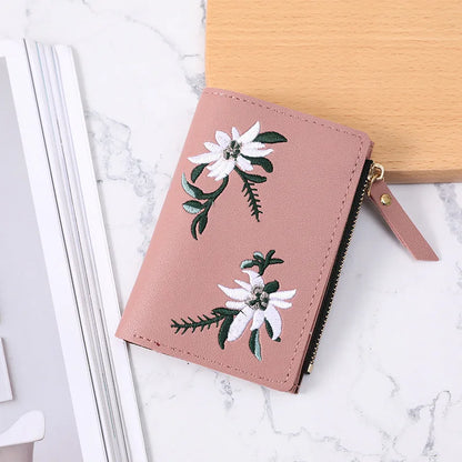 Embroidery Flower Purses for Women Sweet Wallets Cute Students Zipper Money Bag Small Leather Coins Card Holder Designer Ladies