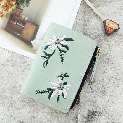 Embroidery Flower Purses for Women Sweet Wallets Cute Students Zipper Money Bag Small Leather Coins Card Holder Designer Ladies