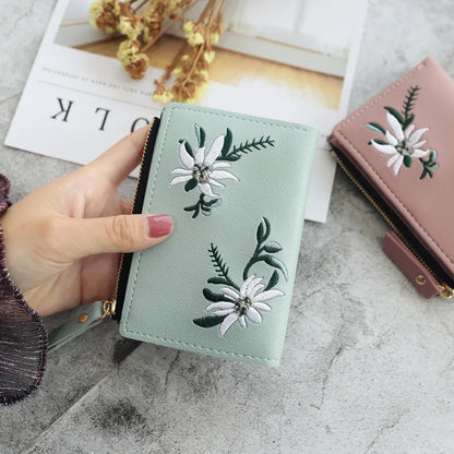 Embroidery Flower Purses for Women Sweet Wallets Cute Students Zipper Money Bag Small Leather Coins Card Holder Designer Ladies