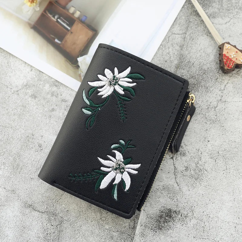 Embroidery Flower Purses for Women Sweet Wallets Cute Students Zipper Money Bag Small Leather Coins Card Holder Designer Ladies