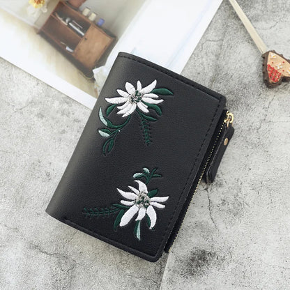 Embroidery Flower Purses for Women Sweet Wallets Cute Students Zipper Money Bag Small Leather Coins Card Holder Designer Ladies