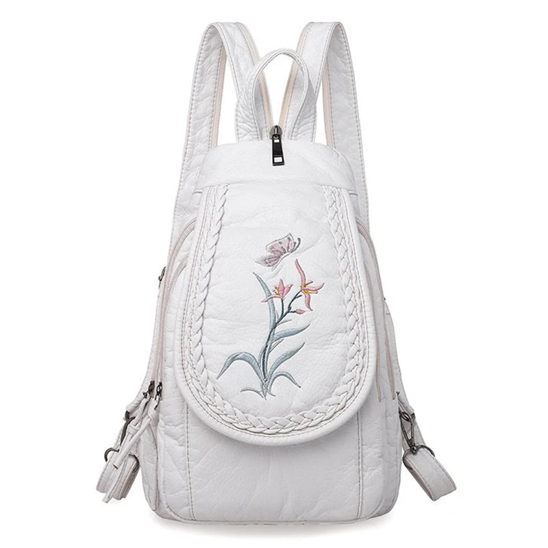 Embroidery Mini Backpacks Women's Backpack Cute Flower Pattern Wash PU Leather Ladies Backpack White Shoulder Bags for Girls SAC